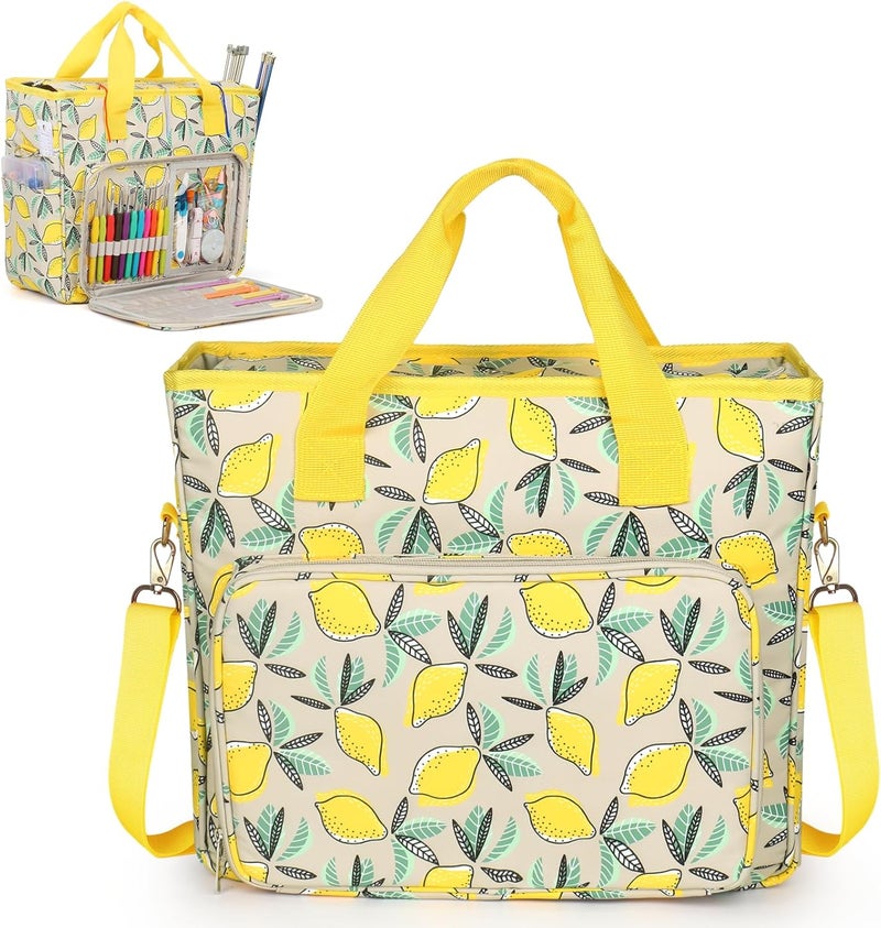 Aeelike Yarn Storage Organizer Travel Crochet Bag, Large Capacity Tote Bag Knitting Bag for Carrying Projects, Knitting Needles, Crochet Hooks and Yarn, Fruit Yellow Lemon - Image 1